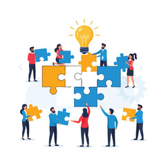 Team of people assembling a puzzle with a lightbulb