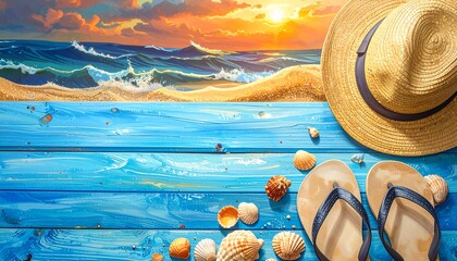 Idyllic tropical sunset seascape painting juxtaposed with rustic blue wooden background featuring essential summer vacation accessories: straw hat, sandals, and scattered colorful seashells.