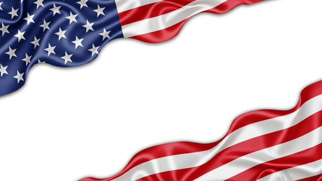 Waving American flag silk fabric border with white background, conceptual patriotic celebration and national pride