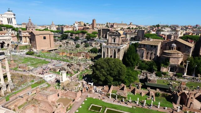 rome&rsquo;s ancient forum scattered ruins temple columns grassy courtyards statues visitor pathways framed by historic buildings domed churches basilica maxentius arches under rome 