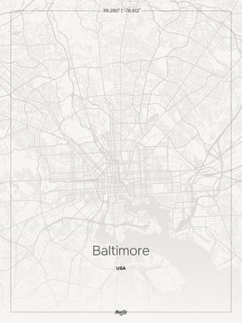 Baltimore City Map discover a sophisticated urban topography with a meticulous geometric street pattern enhanced by refined linework in this vector artwork that epitomizes minimalist wall decor.