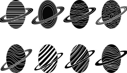 Saturn Planet Silhouette Variations Set with Abstract Line Textures Showing Ringed Space Icons for Astronomy, Science and Modern Graphic Design Use © Sujoy