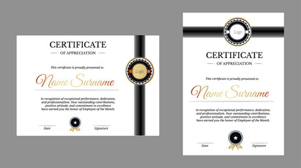 Professional certificate of appreciation for Employee of the Month, featuring elegant ribbon design in portrait and landscape layouts
