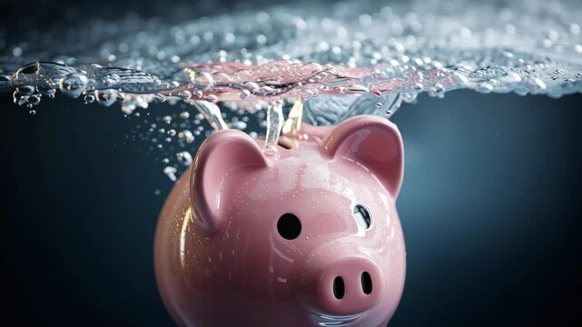 A pink piggy bank is partially submerged in rippling water, symbolizing financial challenges or risks. Represents concepts like debt, economic downturn, or sinking savings.