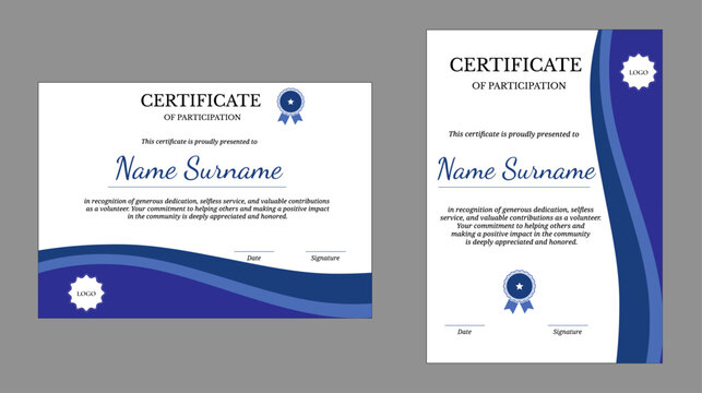 Certificate of participation for volunteer recognition, blue design in portrait and landscape layouts