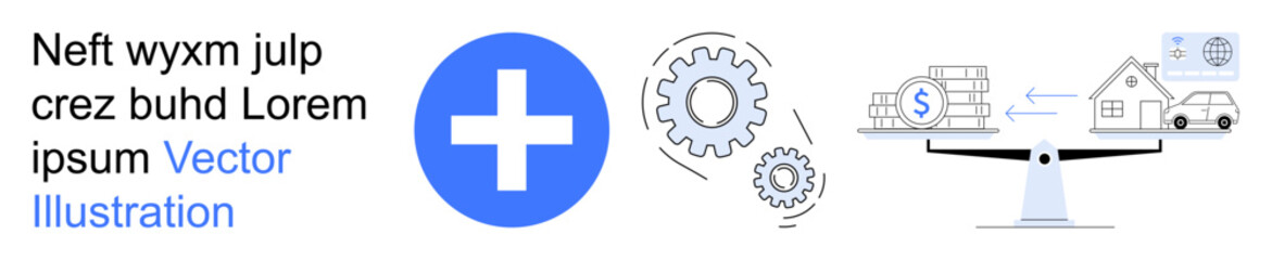 Fototapeta premium Financial planning, investment strategies, decision-making, economy, budget management, property ownership. A scale balancing money and house with gears. Financial planning and investment