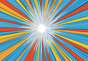 Colorful comic burst background with blue, red, and yellow radial lines and white center explosion