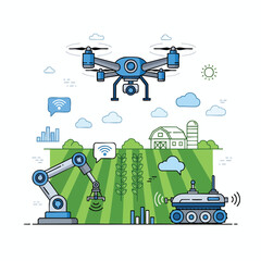 Illustration depicts a drone, robotic arm, and rover over a green field