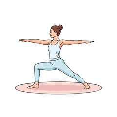 A woman in a yoga pose, arms outstretched, on a mat