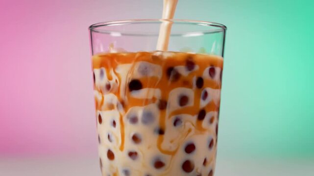 Beverage pouring into glass with tapioca pearls against gradient background