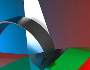 Obraz premium Abstract geometric composition. Curved, metallic ribbon intersects colorful, layered shapes