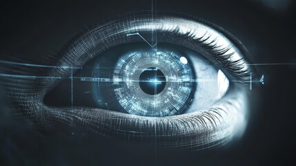 Futuristic eye with digital interface close up view digital technology enhances vision modern cybernetic eye details