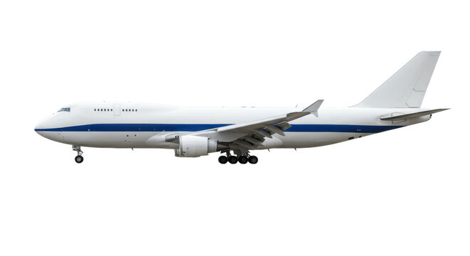 Modern cargo airplane, transparent fuselage with dark blue stripe, four powerful jet engines, isolated against a transparent studio background with copy space concept of efficient global air