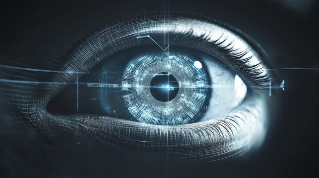 Futuristic eye with digital interface close up view digital technology enhances vision modern cybernetic eye details - Powered by Adobe