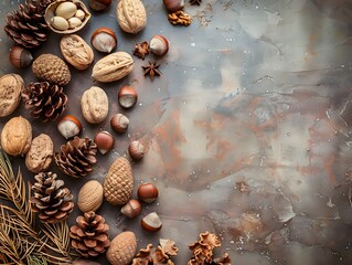 Minimal Flat Lay with Pinecones and Assorted Nuts on Warm Stone Background