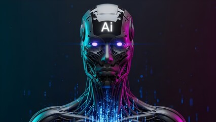 Futuristic humanoid robot head with glowing AI text on forehead and purple neon lights 3D render