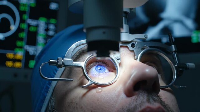 Patient undergoes laser eye surgery with speculum in clinic. Laser beam scans eye cornea during surgery. Eye surgery with laser and speculum on patient. Monitor displays data during laser eye