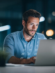 Busy corporate man employee typing on laptop at desk, Focused businessman working on a laptop with calendar overlay, representing time management, planning, and meeting deadlines in a modern office.