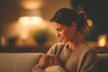 Mother holding baby in cozy living room with warm lighting creating peaceful and loving atmosphere at home
