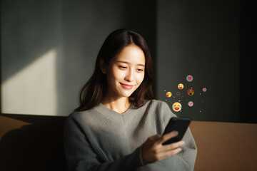Happy young Asian woman using smartphone on sofa, laughing at social media content with floating emoji icons. Digital lifestyle, communication, and entertainment concept.