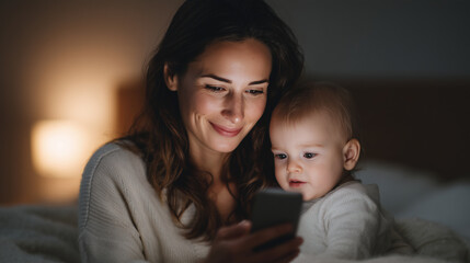 Cozy moment as mother and baby smile into phone camera with gentle light in bedroom at night