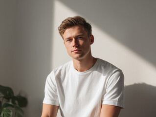 Young man wearing white t shirt sitting in minimal studio with calm expression and soft natural light