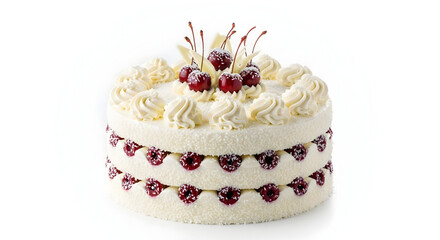 Delicious white cake with cherries and creamy frosting