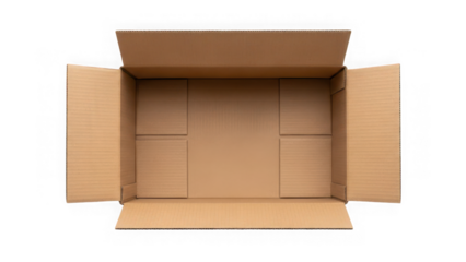 Open cardboard shipping box with flaps wide open, top view isolated on transparent background