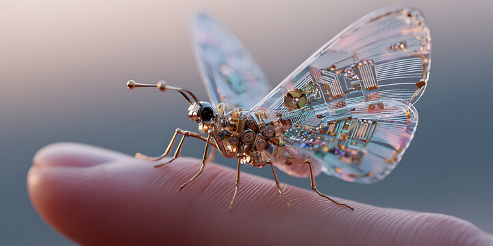 Mechanical Butterfly: A close-up shot features a delicate robotic butterfly perched gracefully on a fingertip.