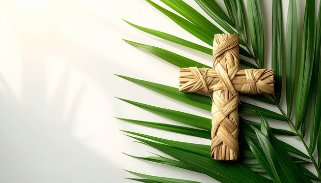 Palm cross made from woven palm leaves, fresh green palm fronds. Palm Sunday and Easter concept