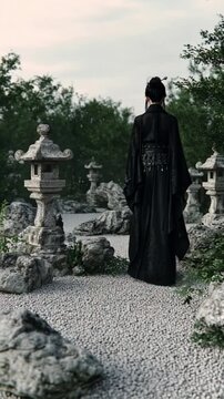 Junge Frau in einem Steingarten