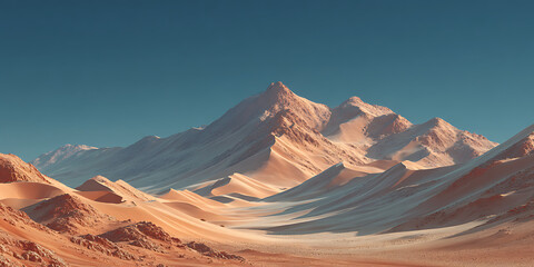 Majestic Peaks and Desert Vista: Captivating panorama of a sun-kissed mountain range, the scene is an expansive desert landscape under a clear blue sky, evoking a sense of tranquility and awe.