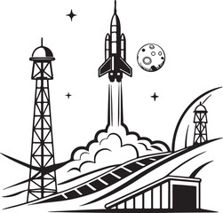 Fototapeta premium Futuristic rocket launching from moon base silhouette vector