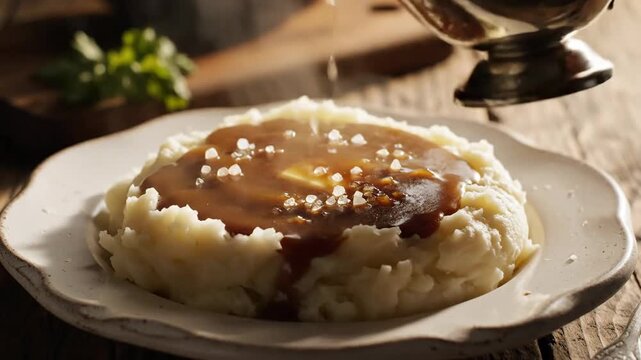 Close up of mashed potatoes with gravy served on a white plate