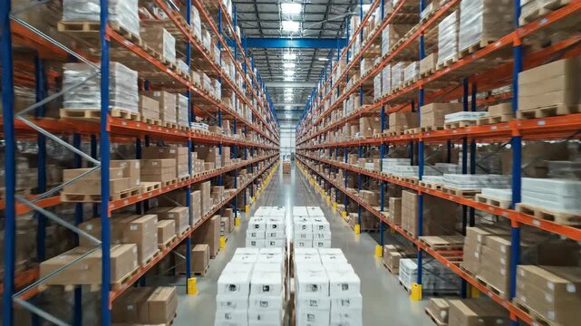 Gigantic warehouse interior with tall shelving and boxed cargo