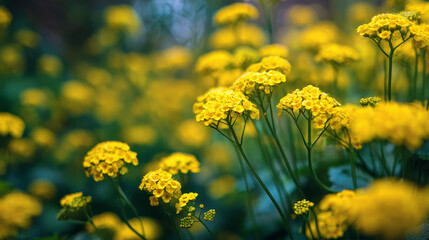Fototapeta premium Soft-focus photograph of small yellow Aurinia saxatilis flowers blooming in a spring garden, also known as basket of gold, goldentuft alyssum, golden alison, gold-dust, or rock madwort.