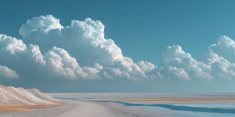 Cloudscape Serenity: Witness the serene beauty of a cloudy sky meeting the horizon over a tranquil landscape. Fluffy clouds dance above a calming sea or lake.