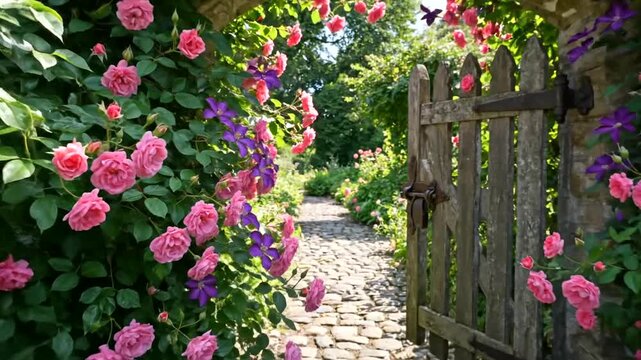 Charming garden path with blooming pink roses and a rustic wooden gate leading to a tranquil outdoor space.