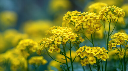 Soft-focus photograph of small yellow Aurinia saxatilis flowers blooming in a spring garden, also known as basket of gold, goldentuft alyssum, golden alison, gold-dust, or rock madwort.