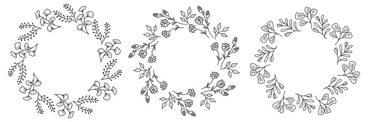 Obraz premium Wildflower twigs frame set. Round shapes border of botanical elements various species. Black linea plants isolated on a white background with copy space. Natural vector design for poster template.