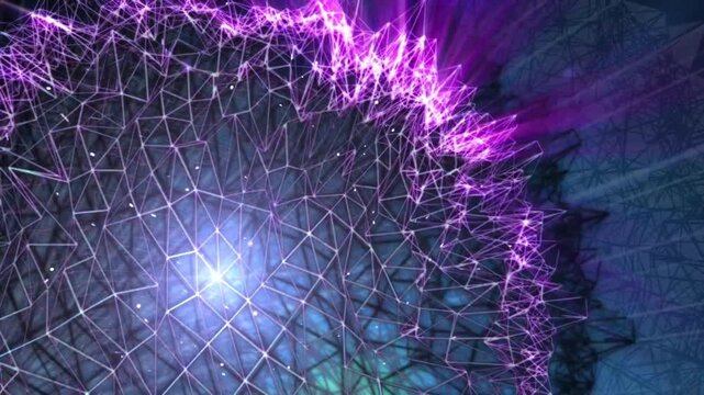 Abstract rotating wireframe sphere with neon purple energy sparks and glowing digital light loop