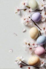 Fototapeta premium Composizione pasquale con uova pastello e fiori di primavera su sfondo chiaro