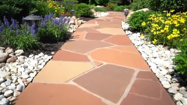 Winding stone pathway through a vibrant, well-maintained garden.