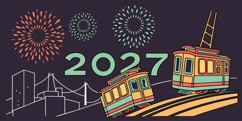 Naklejka premium USA, US, U.S, United States - New year 2027 celebration with cable cars and fireworks vector illustration cable car count down public transport fireworks celebration greeting 