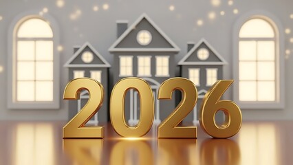 New year 2026 celebration with 3d gold numbers and houses