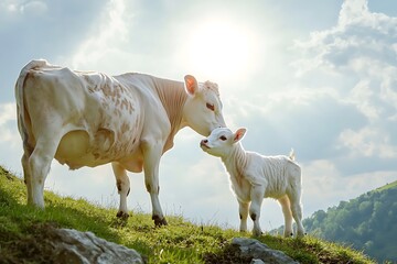 A delightful moment of a calf curiously nibbling at its mother's ear, both standing on a grassy knoll under a bright, sunny sky.