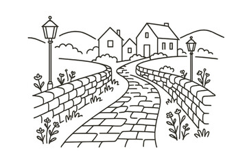 Obraz premium Charming village path with stone walls and lampposts