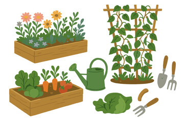 Garden illustration with raised beds, plants, and tools