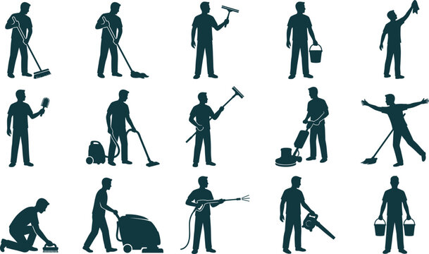 Cleaning worker silhouettes set, janitor housekeeping service poses with tools, professional maintenance staff, commercial sanitation vector illustration