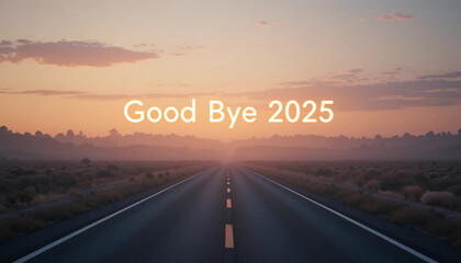 Cinematic Sunset Landscape with Glowing Neon "Good Bye 2025" Text